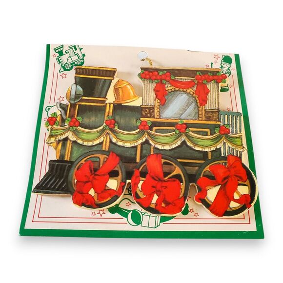 VTG 80s Montgomery Ward Christmas Train Ornaments Set of 5 Wood Diecut NOS - Picture 14 of 16